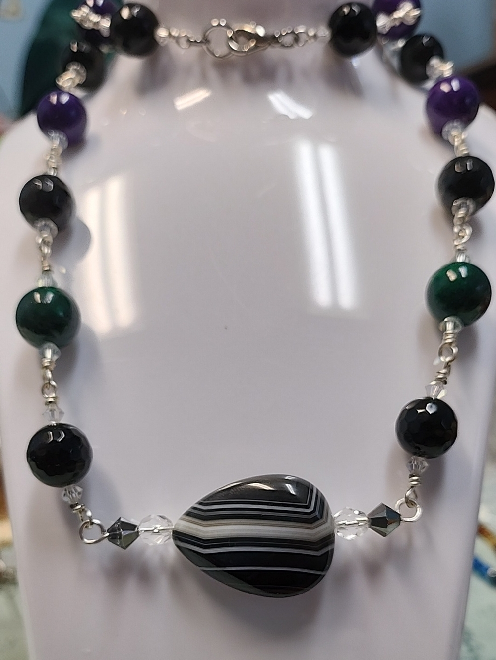 Striped Agate Bead Necklace in Black, Green & Purple